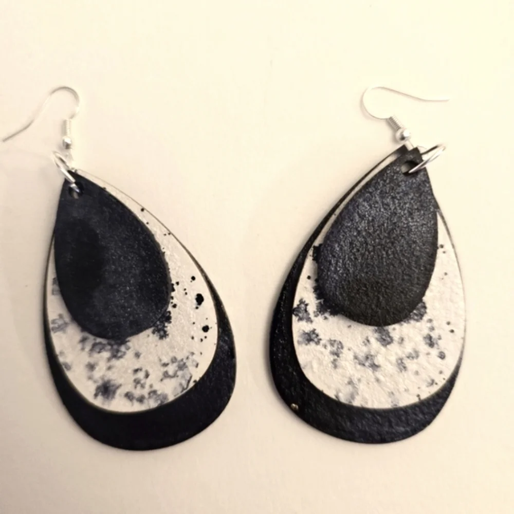 HANDCRAFTED Wood Layered Teardrop Earrings HANDMADE HAND PAINTED Dangle Earrings